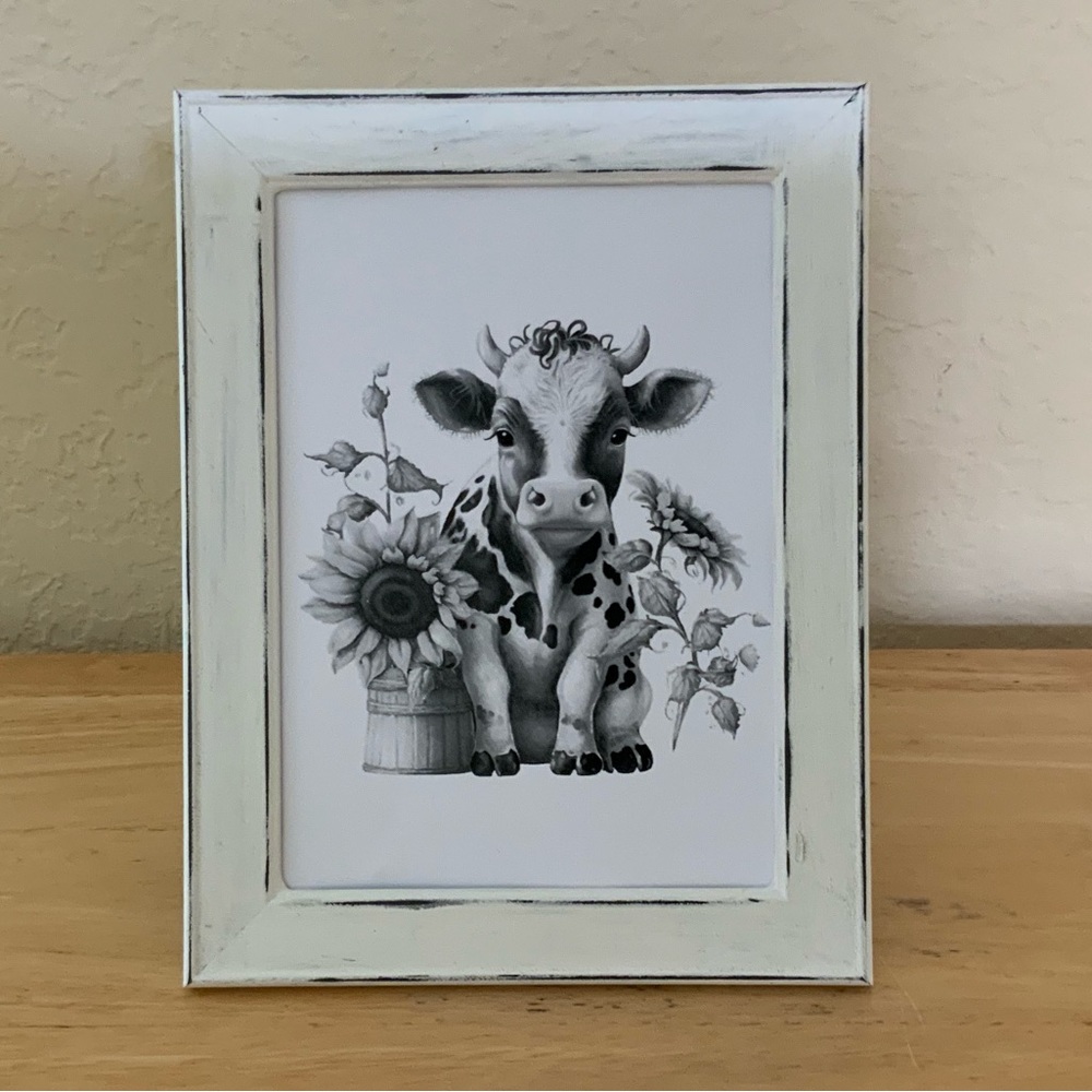 Farmhouse Cow and sunflowers picture 5x7 w/frame